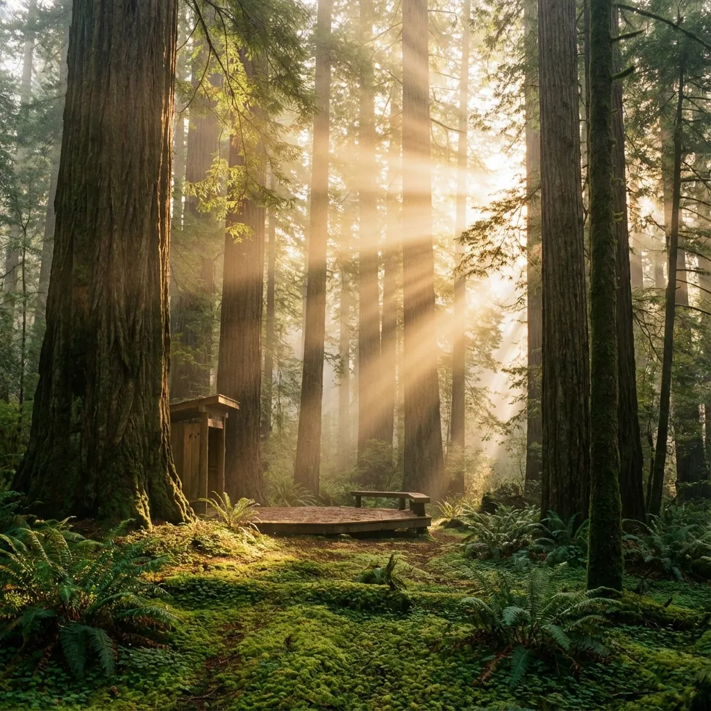 Peaceful forest with sunbeams